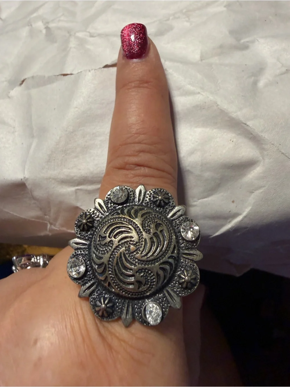 Vintage-Inspired Silver Floral Statement Ring with Clear Stones